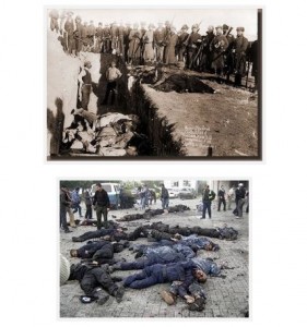 US army massacre of Native People at Wounded Knee, below are massacred Hamas police graduates, all victims of Israeli bombs.