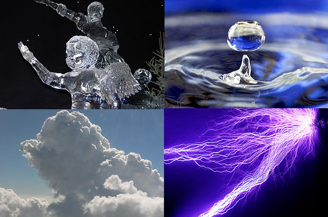 Clockwise from top left, they are solid, liquid, plasma, and gas, represented by an ice sculpture, a drop of water, electrical arcing from a tesla coil. Courtesy: wikipedia.org